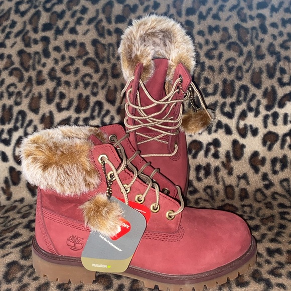 Timberland Boots Girls Size 3 Burgundy Boot Fur Timberland A1U5A Water Resistant - Picture 3 of 16